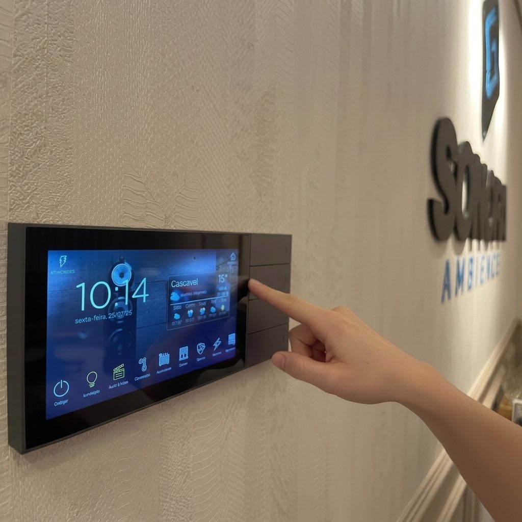 Keypad de automação integrado à parede de uma residência de alto padrão