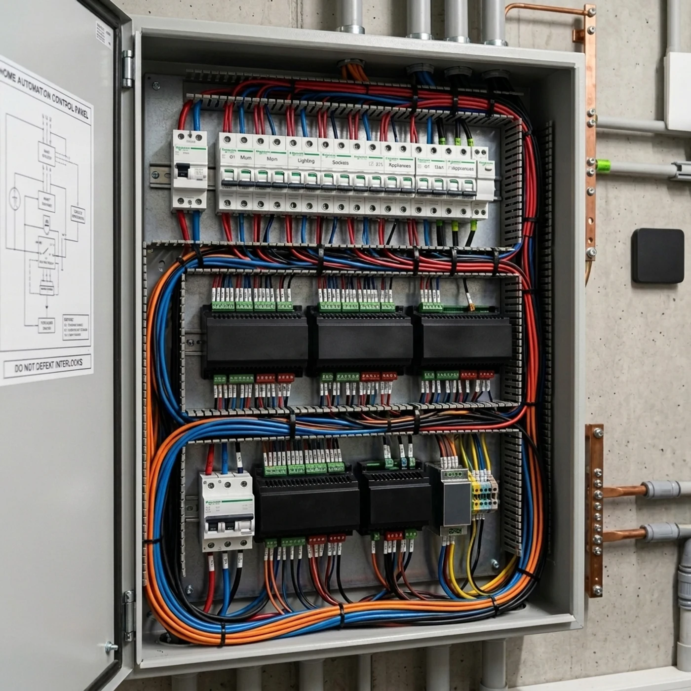 Quadro de automação Sonora organizado, com módulos alinhados e identificados